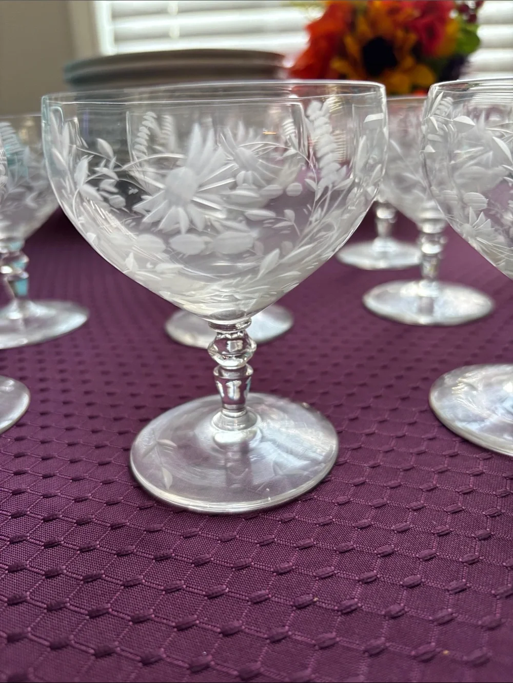 11 Elegant Vintage Etched Crystal or Glass Champagne Coupes/Sherbet dishes